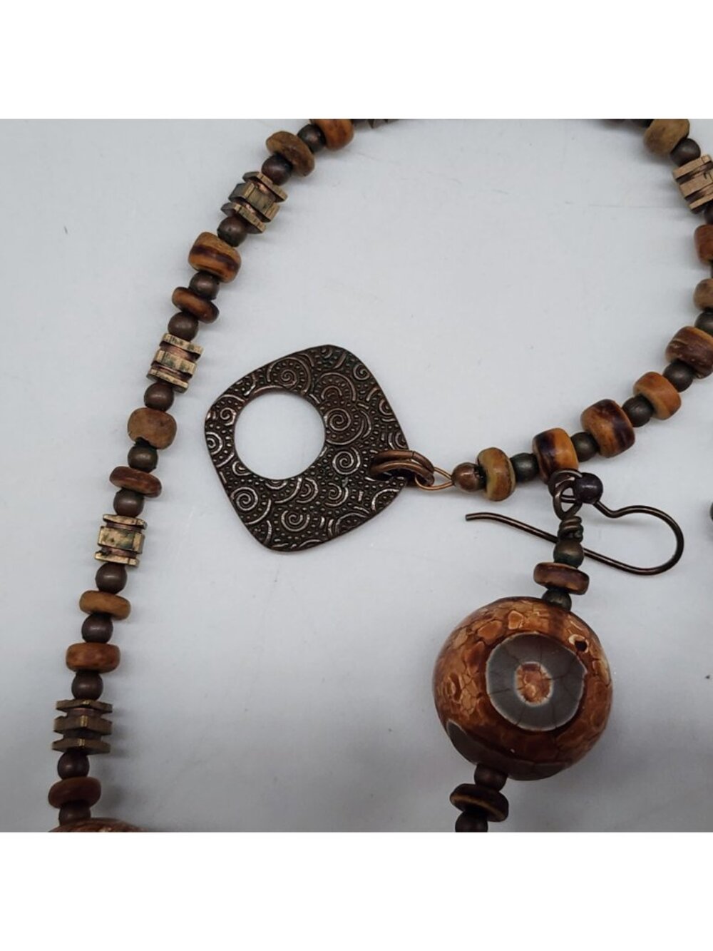 Bohemian Dzi Agate Necklace & Earring Set With Unique Patterned Spheres - Picture 10 of 11